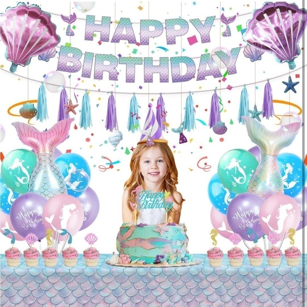 Brand New Mermaid Birthday Party Decorations Balloons Banner Tablecloth Toppers